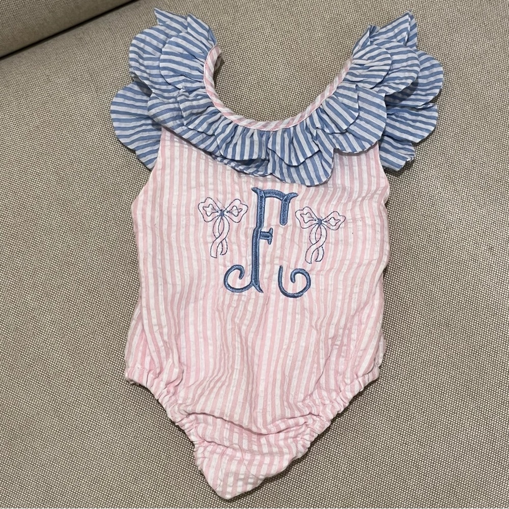 ❗️SOLD❗️Bella Bean “F” Monogram Seersucker Swim